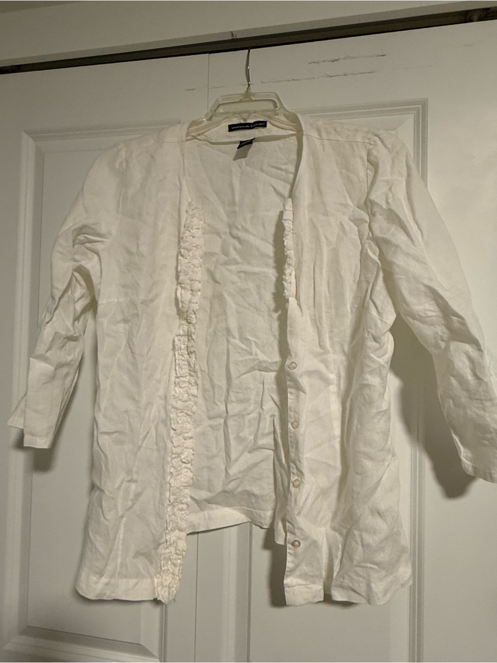 Marina Luna White Ruffled Button-Down Linen Top